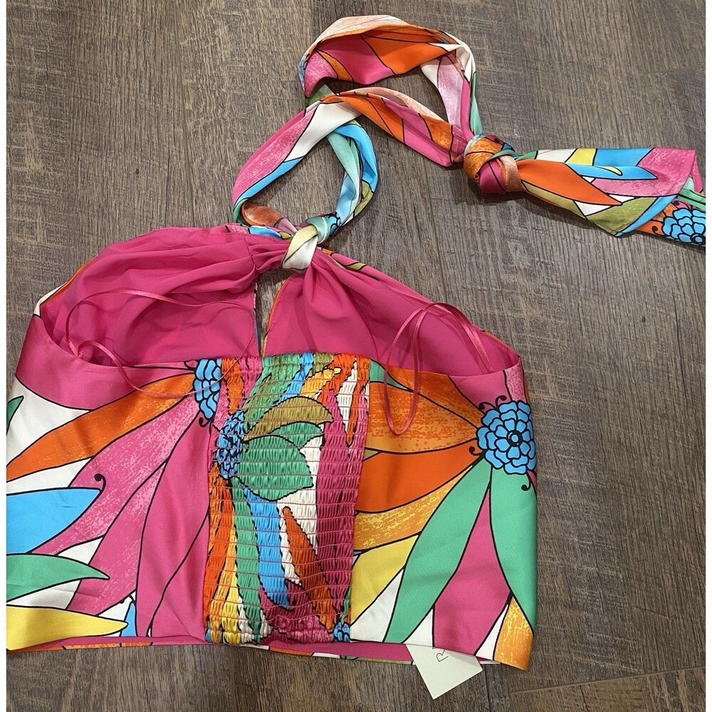 Rachel Zoe Women MIDI Skirt Halter Top Set Xs Jungle Tropical Floral Vibrant NEW - Picture 8 of 8